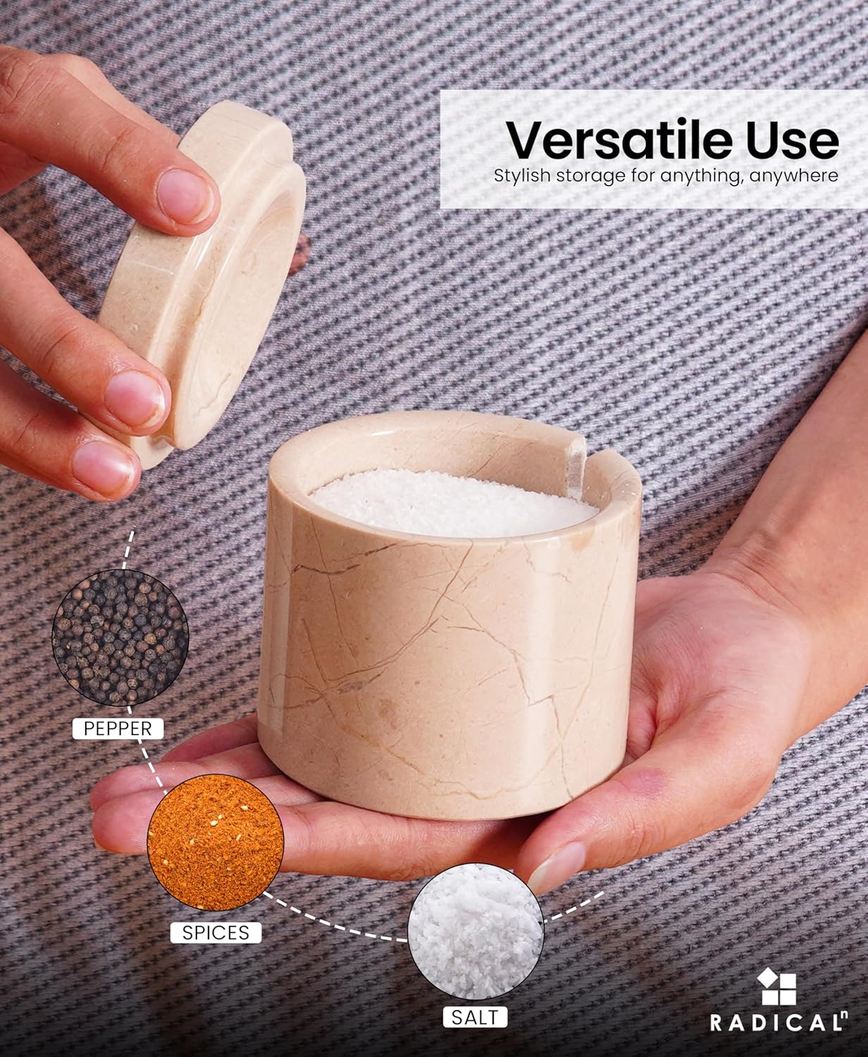 Radicaln Marble Salt Cellar With Lid and Tray 3" Inch White and Verona Set of 2 Salt Bowl & Spice Storage Container for Kitchen countertop, Ideal Sugar Bowl