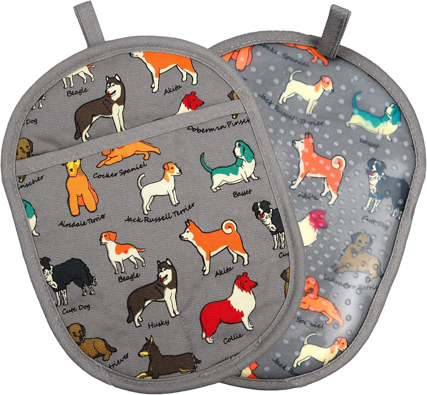 Pot Holders Set of 2 with Transparent Clear Silicone Shell and Nice Dog Printing Cotton Lining, Heat Resistant to 500 F Kitchen Oven Gloves Pot Holder for Cooking (Dog Flower, Potholders)
