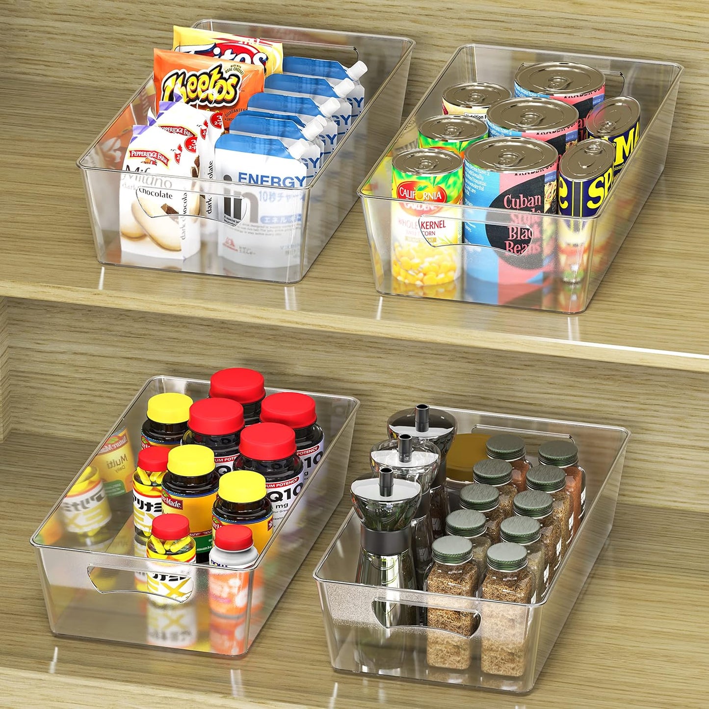 Simple Houseware 4 Pcs Kitchen Clear Bin Storage Organizer, 15" x 8" x 3.75"