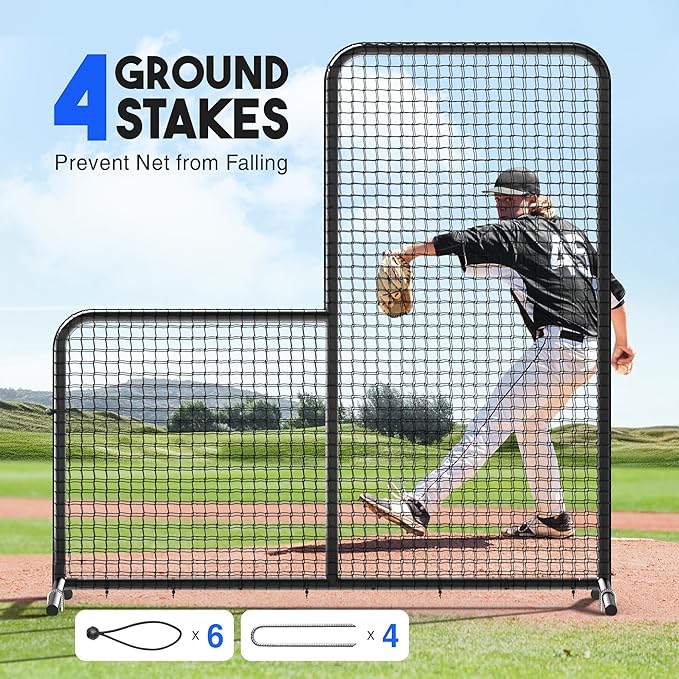 Yes4All Portable L-Screen Baseball 7x7ft with 2 Baseballs, Rubber Wheels - L Screen Baseball for Batting Cage, Protective Pitching Screen Net Double Layers, Carry Bag Included