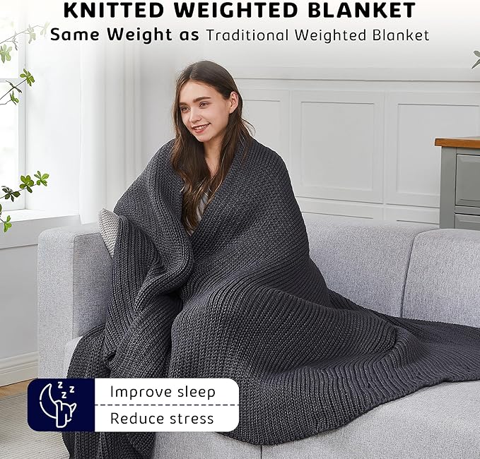L'AGRATY Knitted Weighted Blanket - 60"x80" 20lbs Cooling Chunky Knit Heavy Blanket for Adults Braided Crochet Throw Thick Cable Yarn Knit Decorative No Beads Evenly Weighted Machine Washable