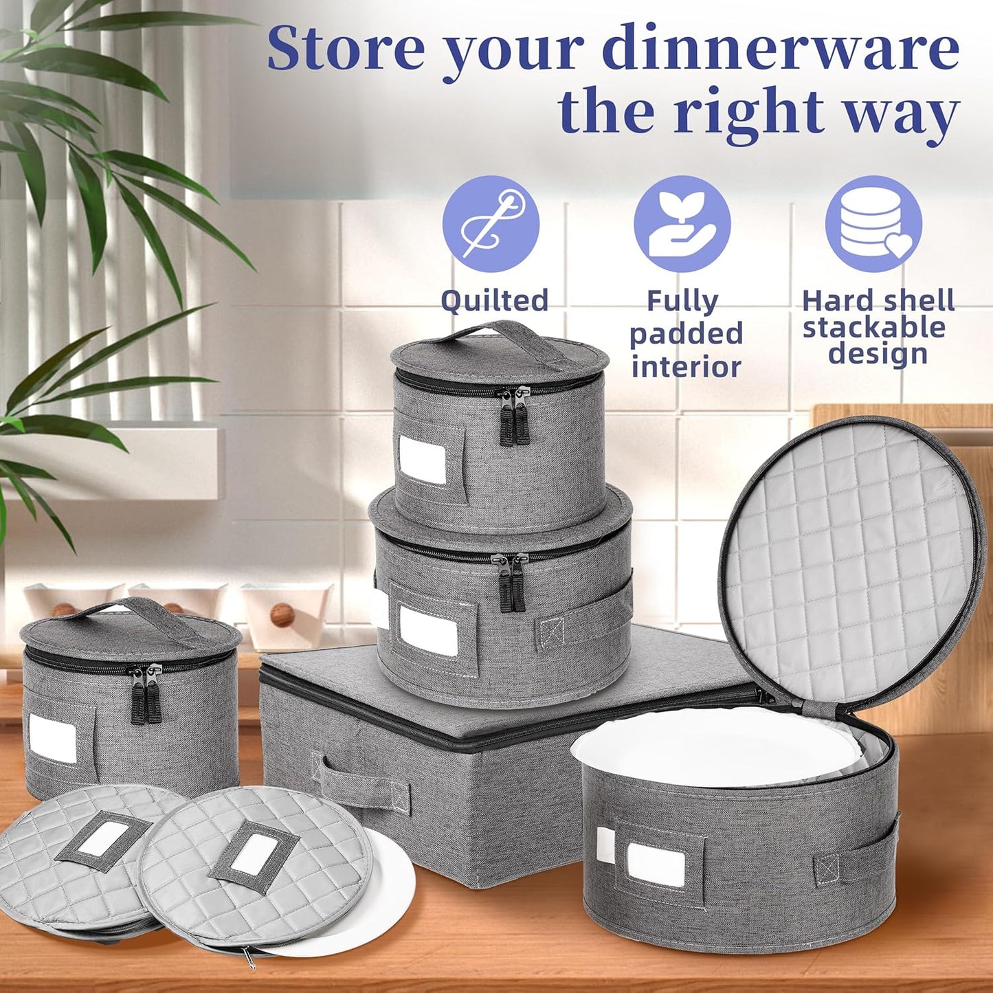 LUXULA China Storage Containers for 12 Place Setting with Two Plate Bags, 5 Pcs Hard Shell Quilted China Storage Cases for Dinner Plates, Salad Plates, Dessert Plates, Saucers, Cups & Mug Storage