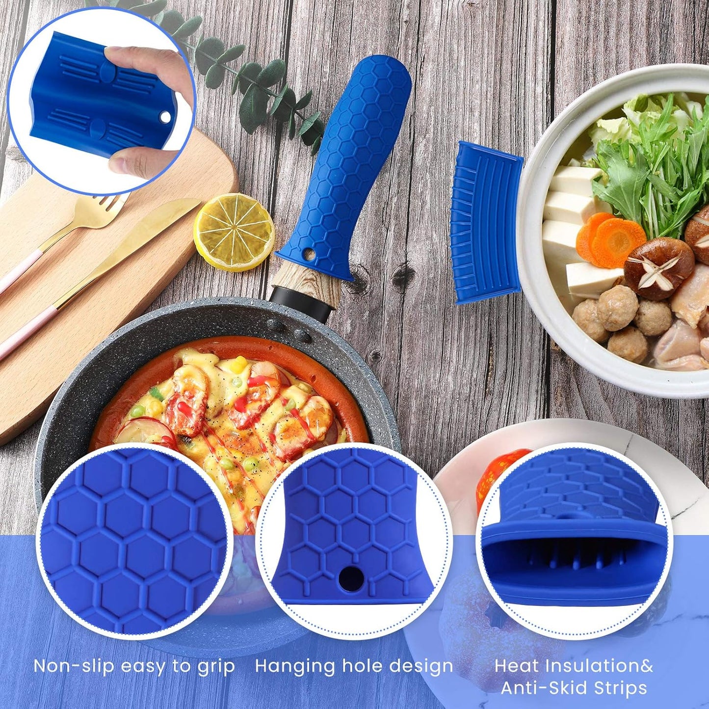 Patelai 8 Pcs Silicone Pot Holders Set Cast Iron Handle Cover Heat Resistant Pot Handle Covers Potholder Non Slip Reusable Pan Sleeve for Frying Pan Kitchen Supplies(Blue)