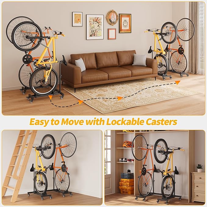 Vertical Bike Stands (2 Pack)，Standing Bike Rack for Garage Floor，Upright Bicycle Floor Stand Indoor Bike Holder with Adjustable Height for Garage & Apartment - for Wheels Sizes up to 29”