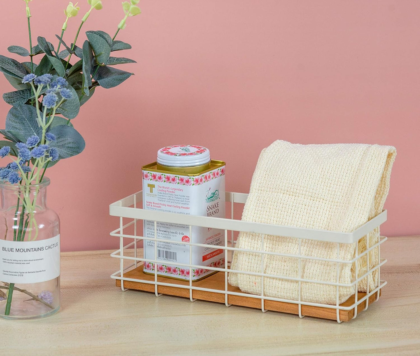 TIEYIPIN Small Metal Wire Storage Basket, Detachable Wood Base Storage Organizer Bin Basket for Kitchen Cabinets, Bathroom, Pantry, Garage, Laundry Room - Cream White