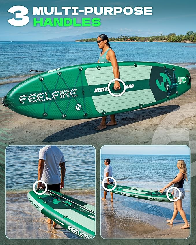 Feelfire11'x34” Extra Wide Inflatable Paddleboard, Stand-up Paddle Board for Adults, 420lb Capacity for Yoga/Fishing/Family, EVA Deck, US Fin, High-Pressure Pump, Storage Backpack, Safety Leash