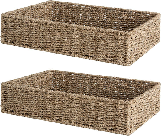 StorageWorks Large Seagrass Tray for Bathroom, Seagrass Storage Baskets for Shelves, Handwoven Natural Wicker Baskets for Organizing, 2-Pack