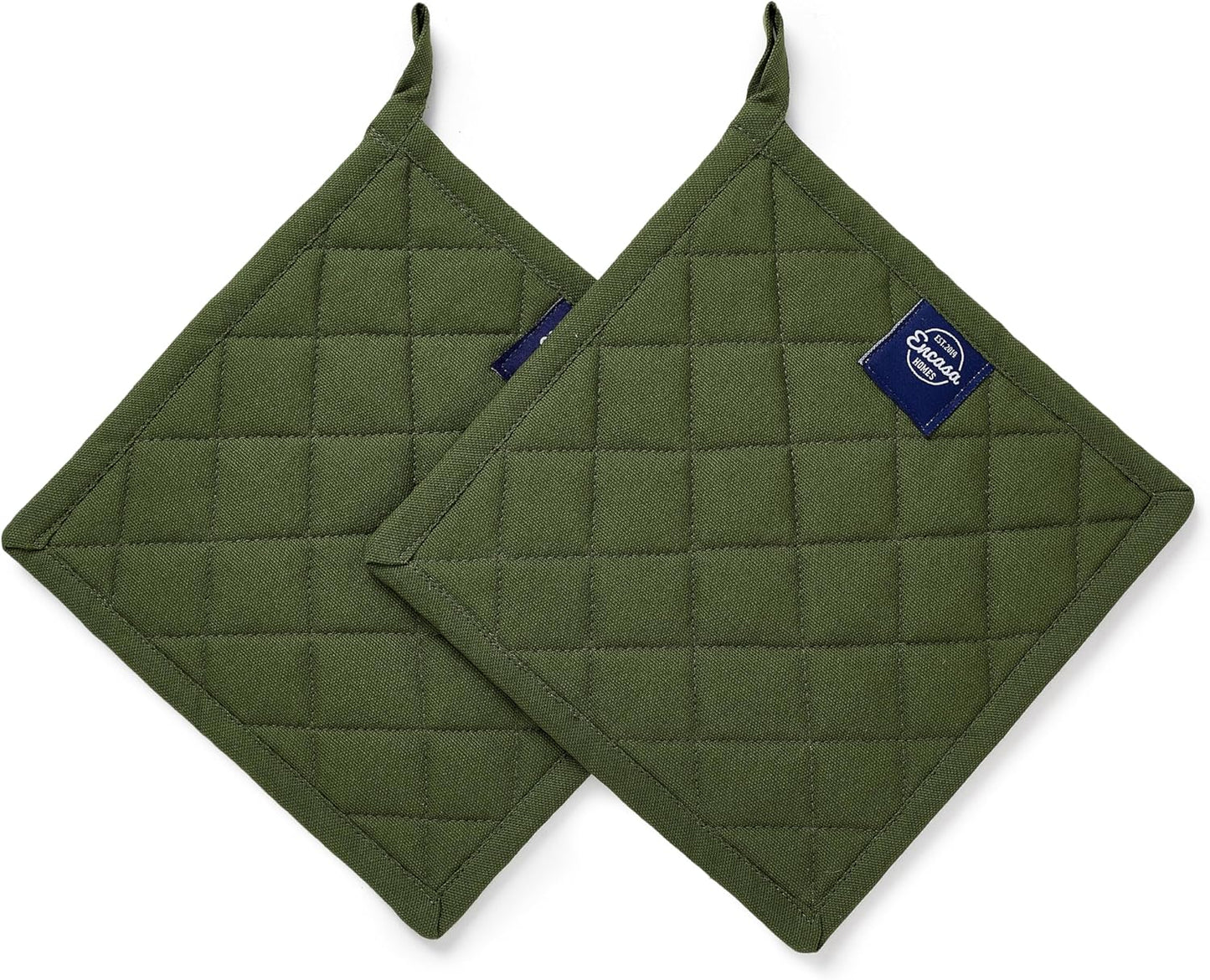 Encasa XO Heat Resistant Cotton Pot Holders with Hanging Loop - Set of 2 - Leaf Green - Multipurpose Quilted Everyday Hot Pad for Kitchen, Camping, BBQ & Microwave - 8x8 in
