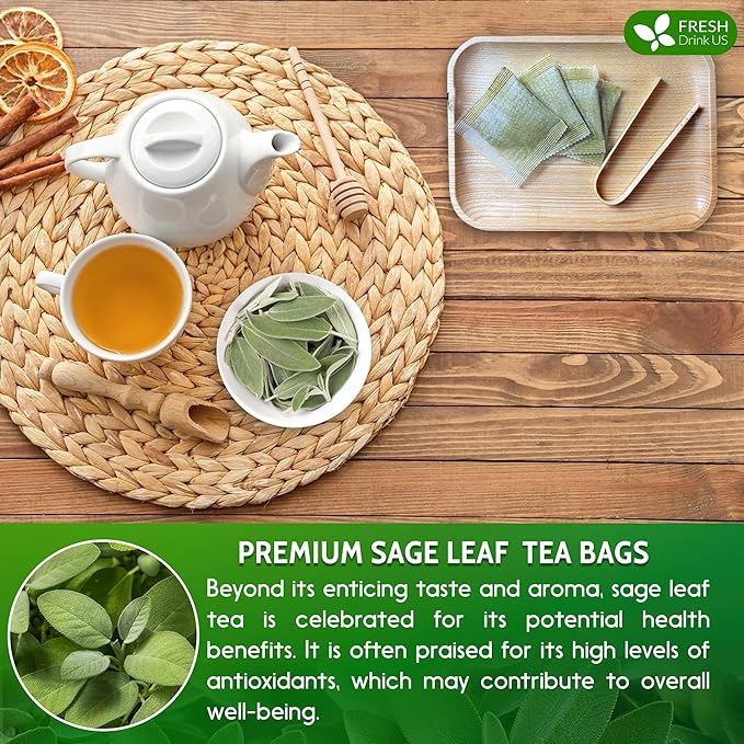 FreshDrinkUS, Premium 15 Sage Leaf Tea Bags, 100% Natural & Pure from Sage Leaves. Loose Leaf Sage Herbal Tea. Made with Natural Material Tea Bags. No Sugar, No Caffeine, No Gluten, Vegan.