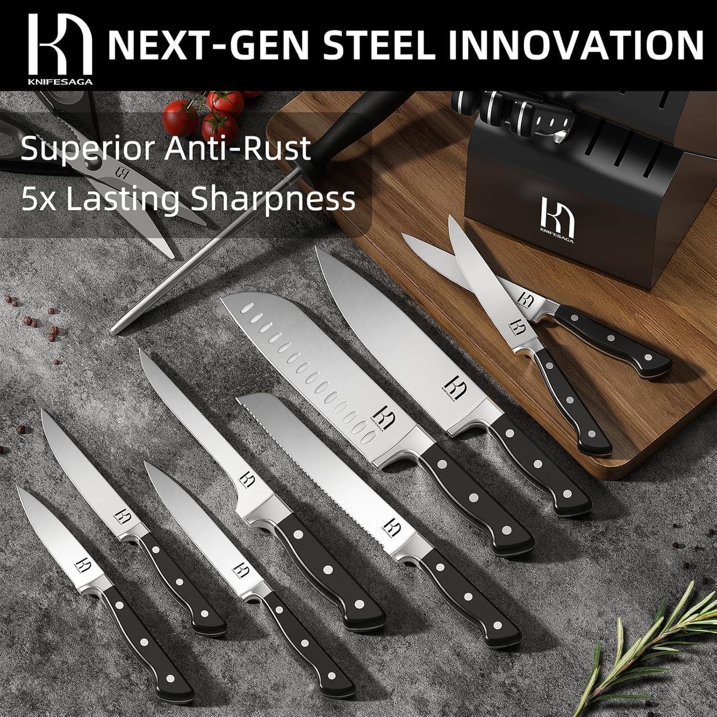 Knife Set, 15 Pcs Kitchen Knife Block Set, Enduring Razor-Sharp Japanese High Carbon Stainless Steel Chef Knife Set with Block and Sharpener, Premium Black Knives Set for Kitchen