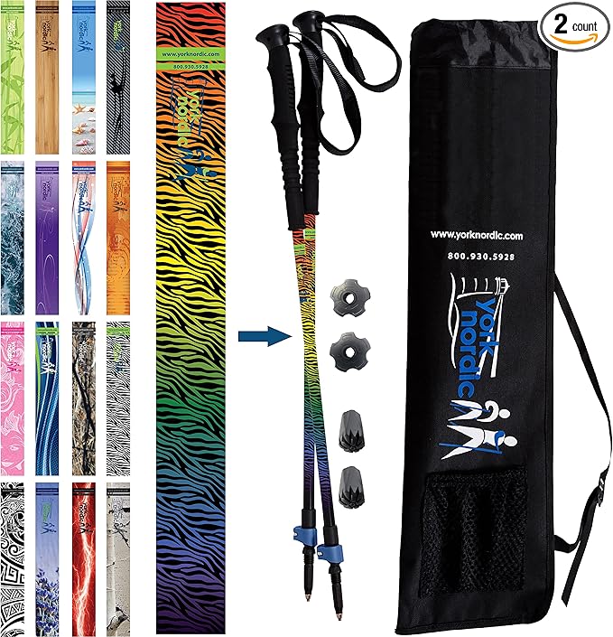 York Nordic Hiking & Walking Poles - Cushion Foam Grips w/Nordic Strap - Lightweight, Adjustable, and Great for Balance -2 Pieces w/Flip Locks, and Travel Bag - Heights 5'4"-6'2"