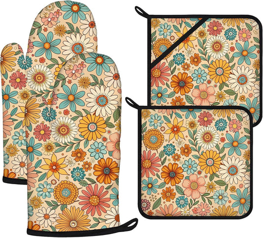 Boho Floral Oven Mitts and Pot Holders Sets 4Pcs,Extra Long Oven Gloves Potholder for Kitchen Cooking Baking BBQ 100% Cotton Heat Resistant