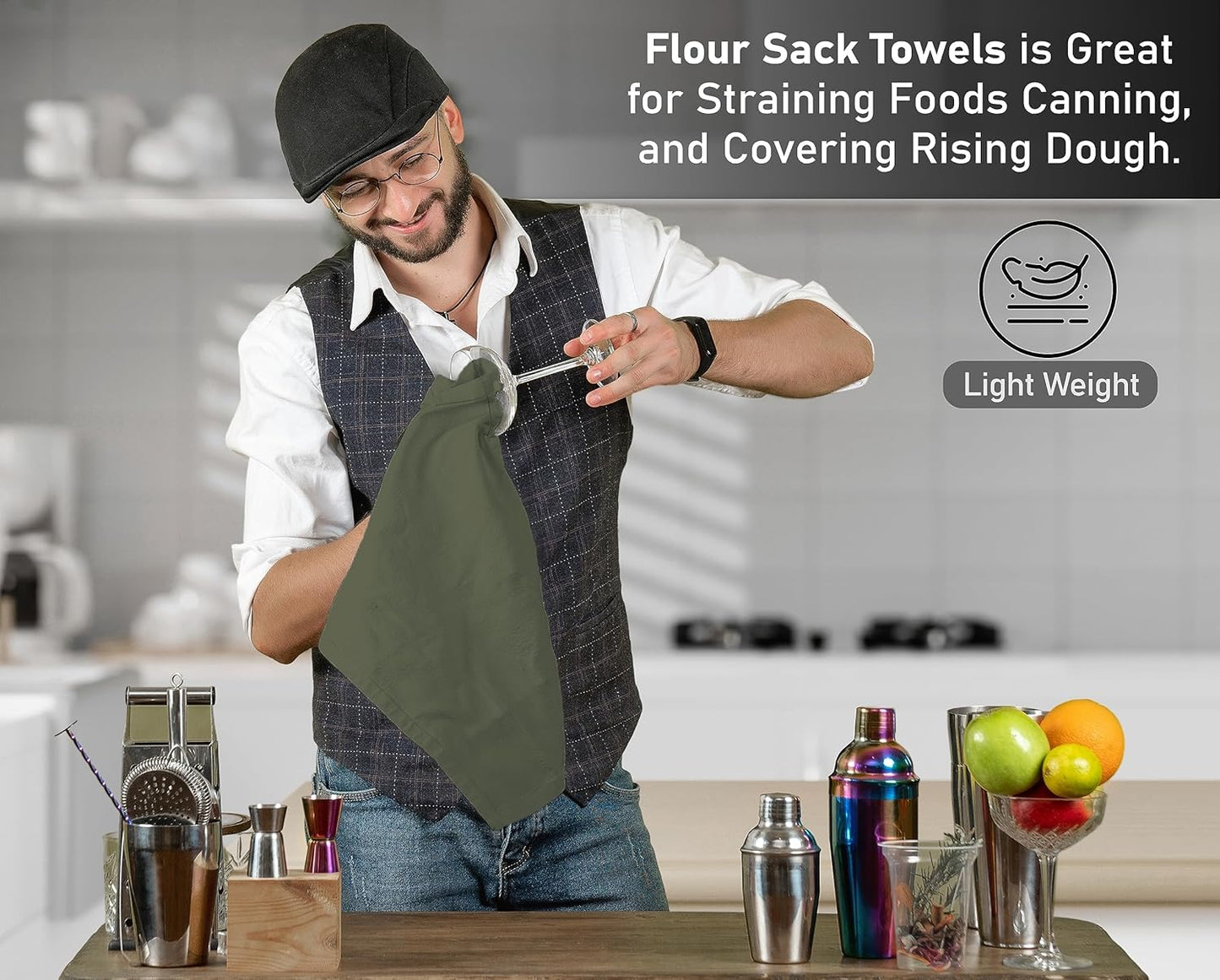 RUVANTI Flour Sack Towels 4 Pack 28x28 Inch, 100% Cotton Tea Towel, Reusable, Machine Washable, Absorbent BarTowels - Dish Cloth Perfect for Drying Dishes & Cleaning - Martini Olive