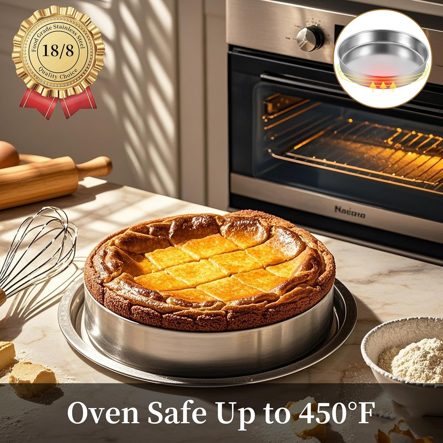 Inqibee Round Cake Pan Set of 2,18/8 Stainless Steel Round Cake Baking Pans,8-9.5 Inch,Physics Anti-Stick and Scratch,Non-Toxic and Easy to Clean