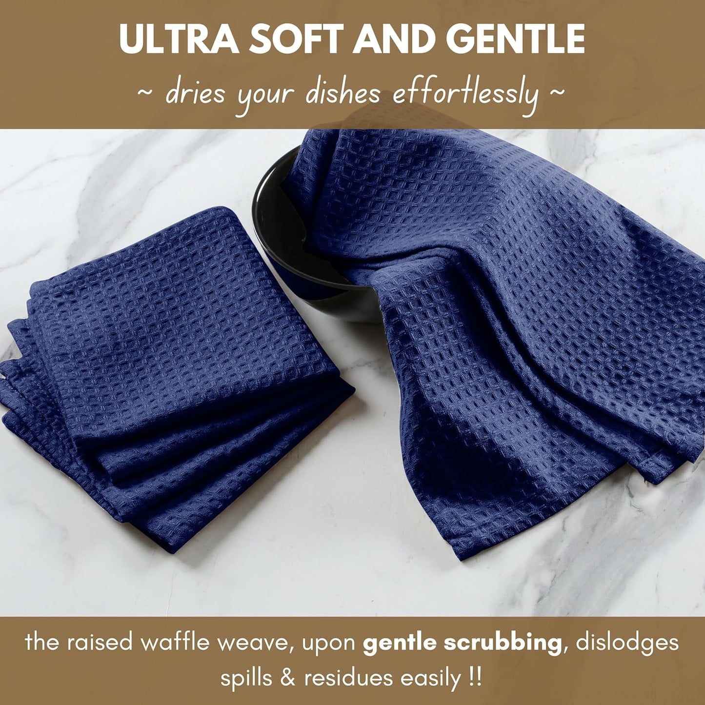 Native Fab Waffle Kitchen Towels - 12 Pack, 100% Cotton Soft, Absorbent, Durable, Washable Dish Towels, Quick Drying, Dishcloths for Cleaning, Cooking, Everyday Kitchen Tasks, 16x26 inches - Ink Blue