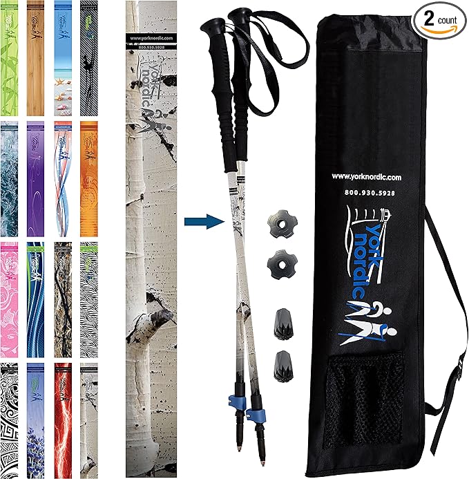 York Nordic Hiking & Walking Poles - Cushion Foam Grips w/Nordic Strap - Lightweight, Adjustable, and Great for Balance -2 Pieces w/Flip Locks, and Travel Bag - Heights 5'4"-6'2"