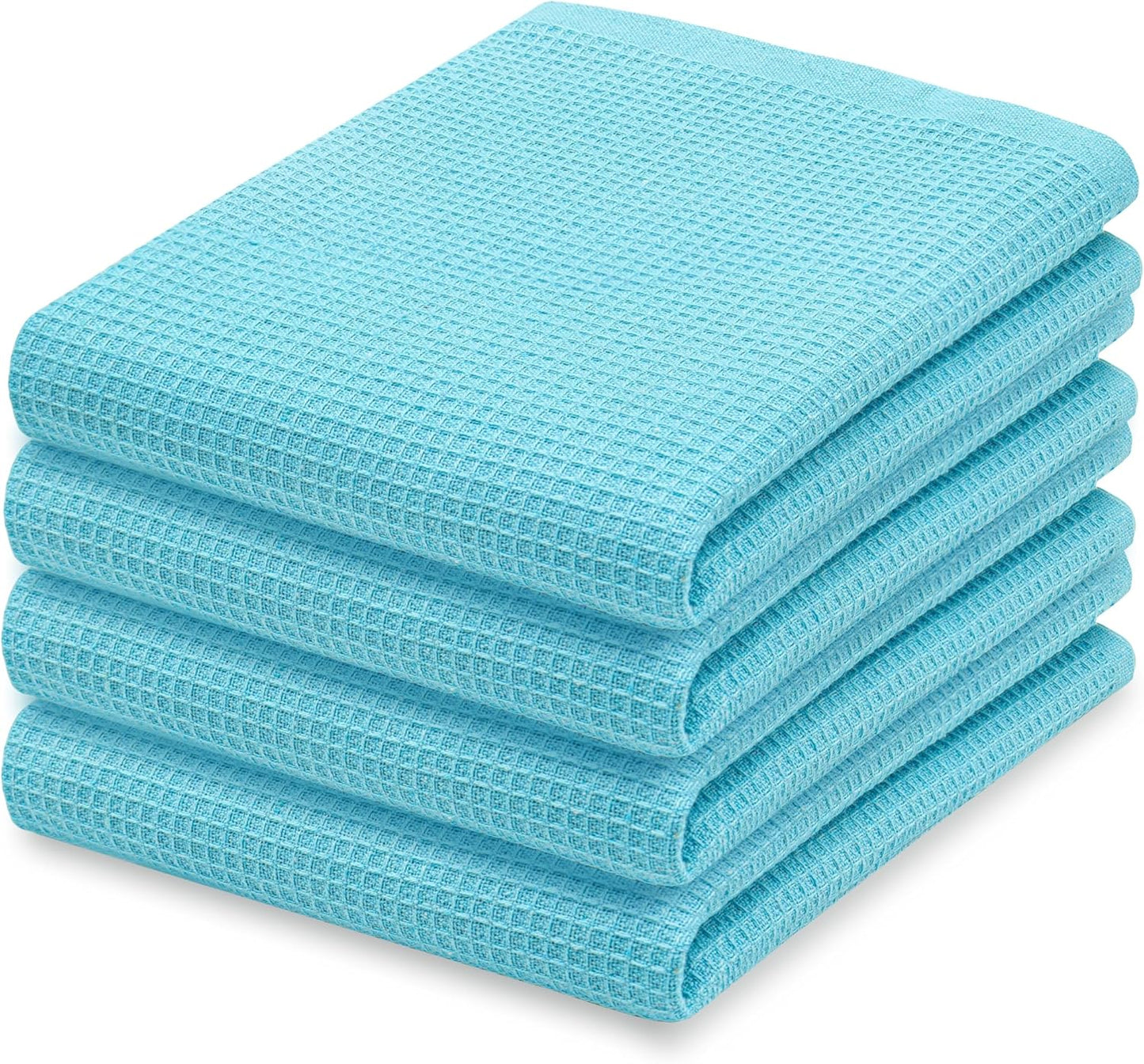 PurpleEssences Waffle Weave Kitchen Towel, 100% Cotton - 15 x 25 Inches, with Hanging Loop Ultra Soft Absorbent Quick Drying Dish Cloth, Tea and Hand Towels, 4 Pack - Spring Summer - Aqua Blue