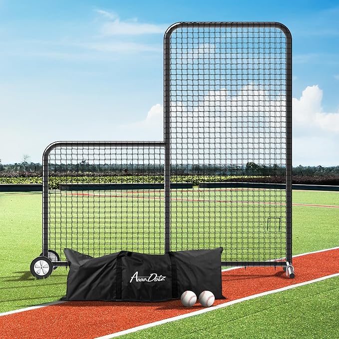 Yes4All Portable L-Screen Baseball 7x7ft with 2 Baseballs, Rubber Wheels - L Screen Baseball for Batting Cage, Protective Pitching Screen Net Double Layers, Carry Bag Included