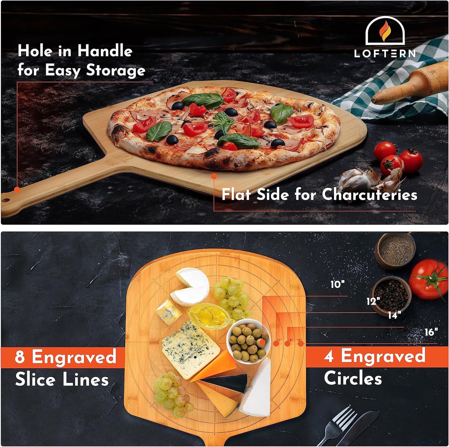 Loftern Wooden Pizza Peel 16 Inch Board with Engraved Sizes - Multi-Purpose Bamboo Pizza Cutting Board, Wood Pizza Peel, Pizza Spatula Paddle, and Serving Board with Size and Cutting Guide