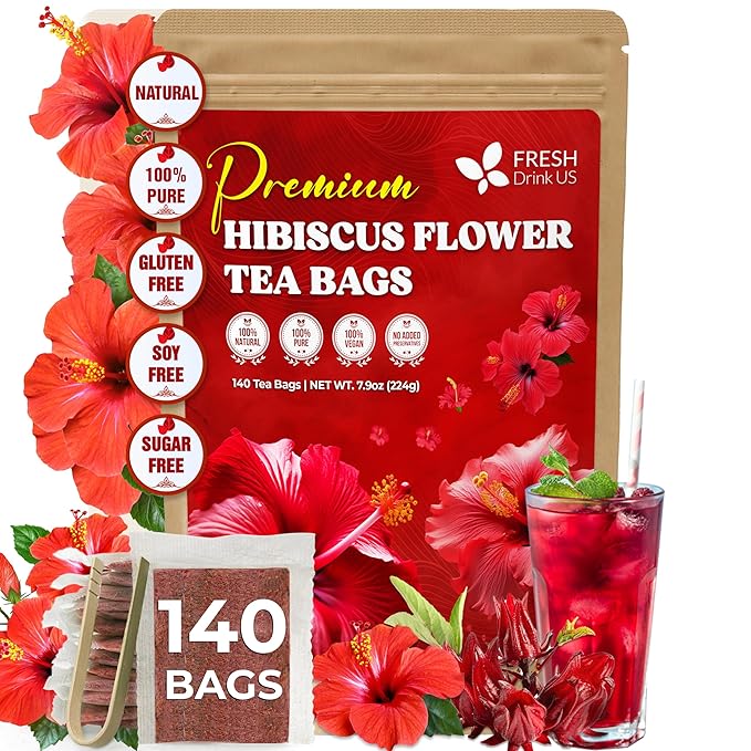 FreshDrinkUS, Premium 140 Hibiscus Flowers Tea Bags, 100% Natural, Handmade & Pure from Hibiscus Flowers. No Sugar/Caffeine/Gluten, Vegan. Tart & Refreshing, Hot or Ice Tea, Great For All Seasons