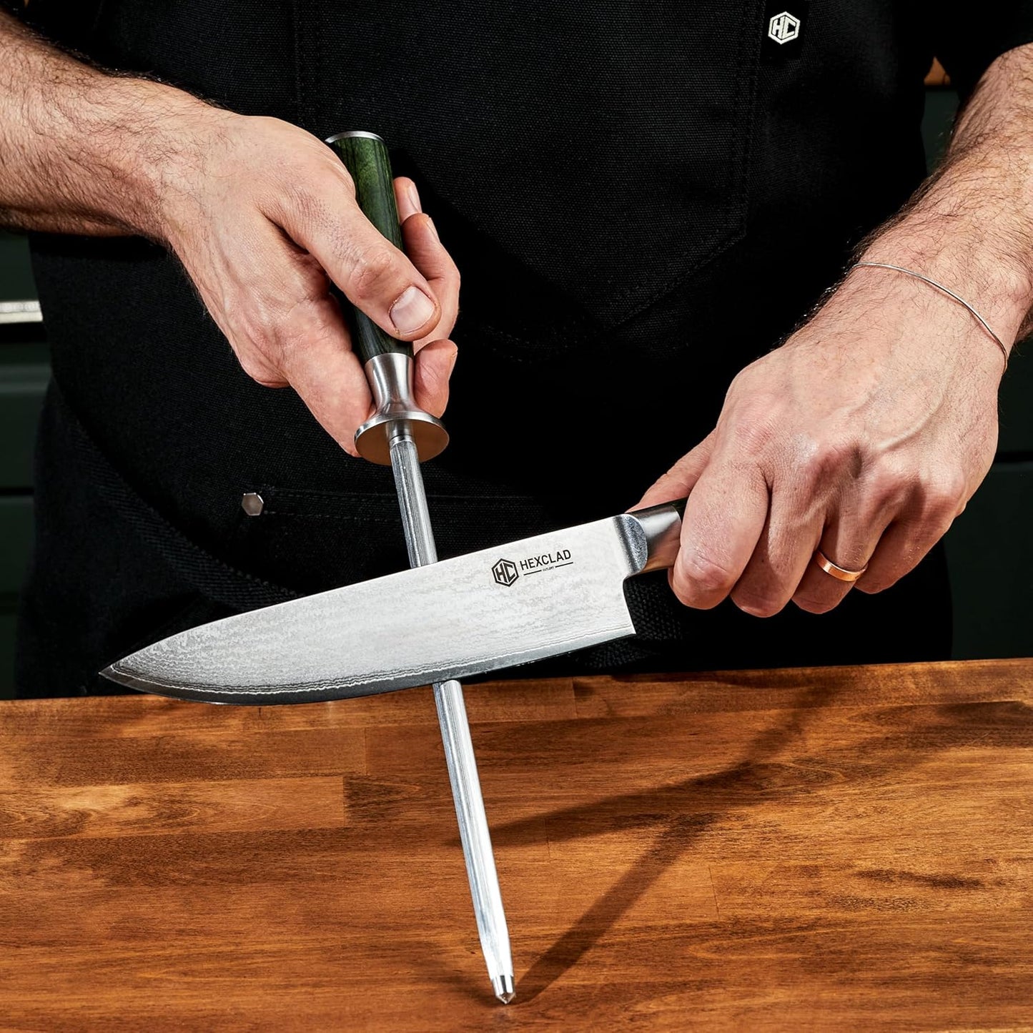 HexClad Honing Rod, 9 -Inch Japanese Damascus Stainless Steel Rod, Pakkawood Handle