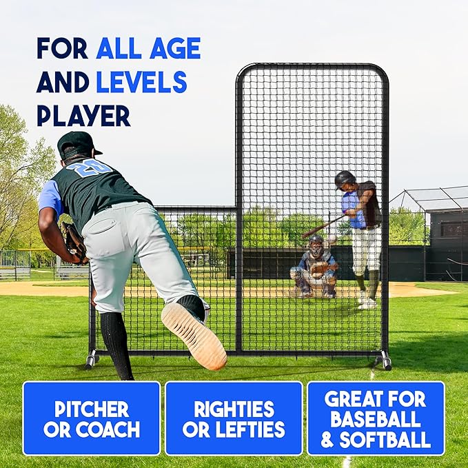 Yes4All Portable L-Screen Baseball 7x7ft with 2 Baseballs, Rubber Wheels - L Screen Baseball for Batting Cage, Protective Pitching Screen Net Double Layers, Carry Bag Included