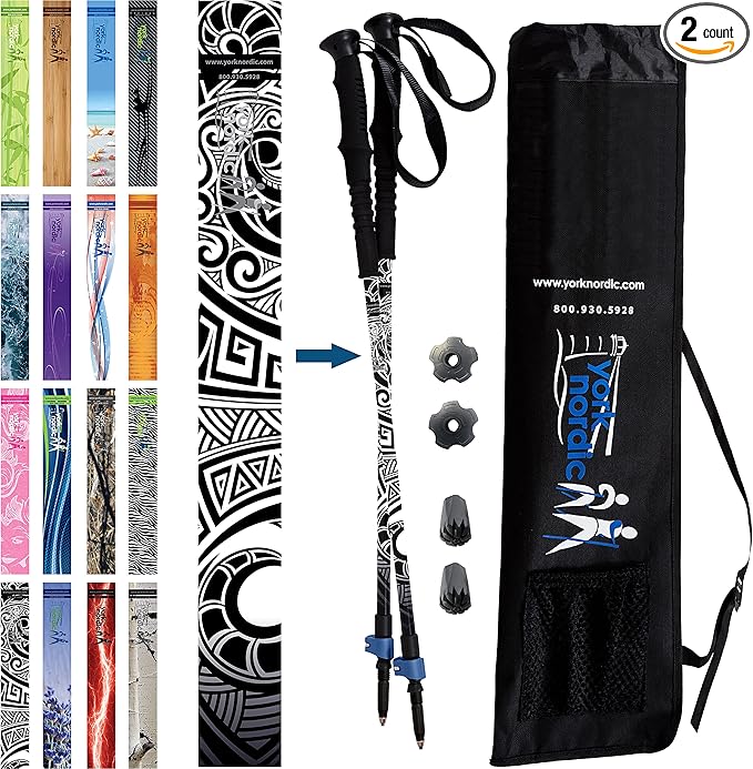 York Nordic Hiking & Walking Poles - Cushion Foam Grips w/Nordic Strap - Lightweight, Adjustable, and Great for Balance -2 Pieces w/Flip Locks, and Travel Bag - Heights 5'4"-6'2"