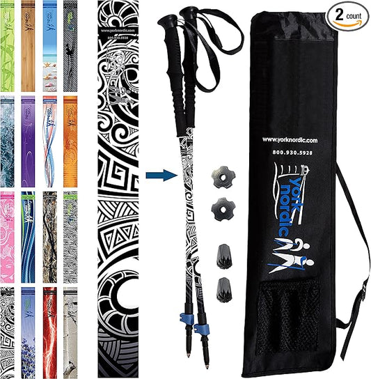 York Nordic Hiking & Walking Poles - Cushion Foam Grips w/Nordic Strap - Lightweight, Adjustable, and Great for Balance -2 Pieces w/Flip Locks, and Travel Bag - Heights 5'4"-6'2"