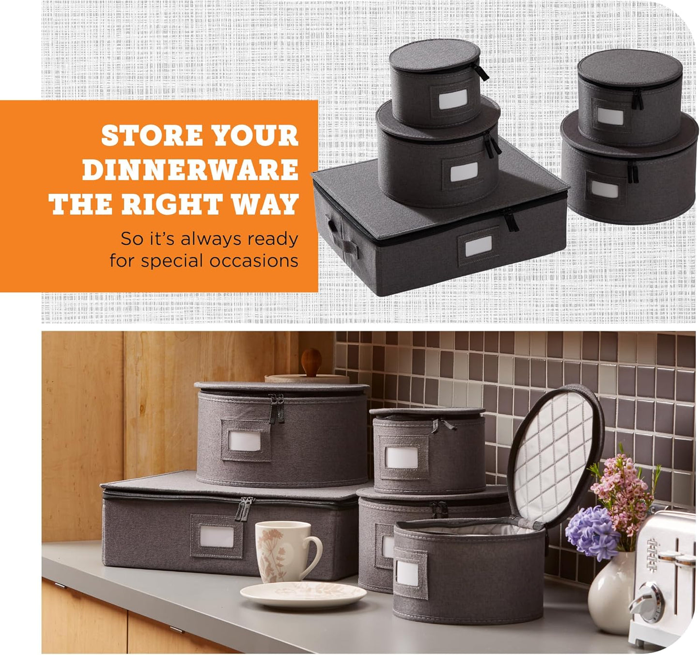 storageLAB China Storage Containers, Hard Shell Case with Felt Dividers for Charger Plates, and Dishes, Ideal for Kitchen Organization, Moving Supplies, and Fine China Storage - 5-Piece Set, Gray