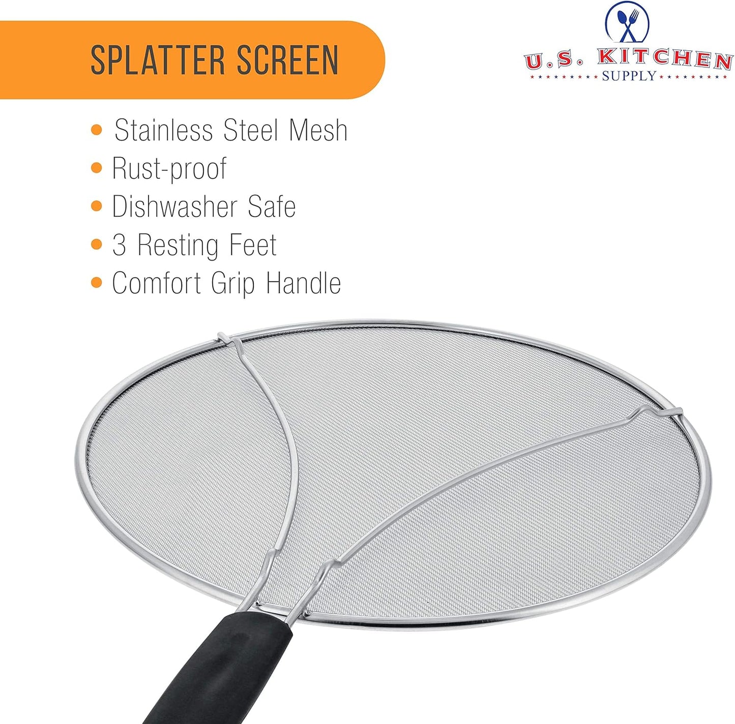 U.S. Kitchen Supply Stainless Steel Splatter Guard 13" Fine Mesh Cover, Grease & Oil, Splatter Screen for Frying Pan, Cooking Pots, with Resting Feet & Comfort Grip Handle