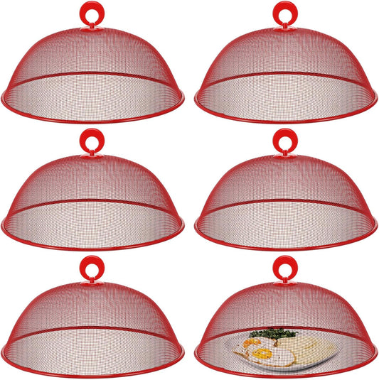 Gerrii 6 Pcs Metal Mesh Food Cover Outdoor Mesh Food Tents Dome Screen Plate Covers for Dinner Plates Reusable Fruit Fly Nets Picnic Food Umbrella for Table, BBQ, Camping, Party (Red,11 Inch)
