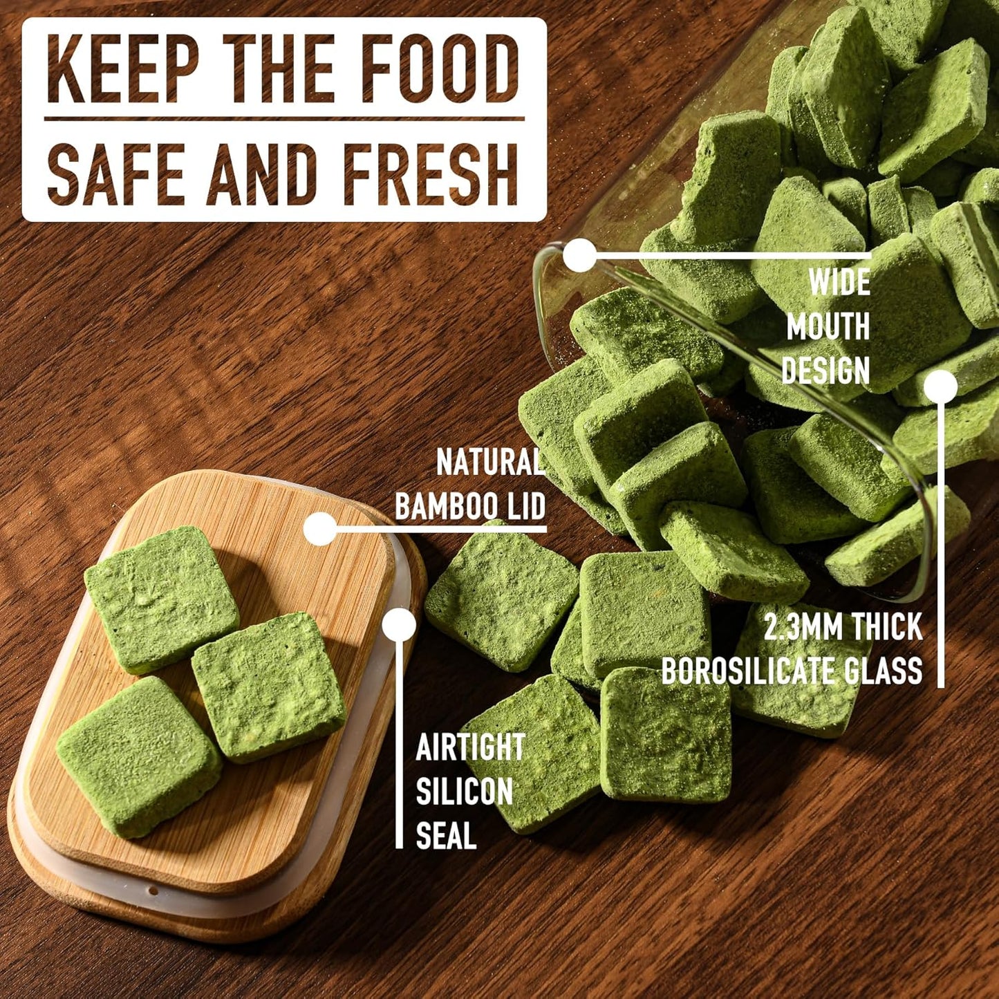 64oz Rectangle Airtight Glass Storage Containers with Bamboo Lids (Set of 4), Square Food Storage Jar, Pantry Organizers for Cereal, Flour, Pasta and Coffee beans (‎with Black Lable)