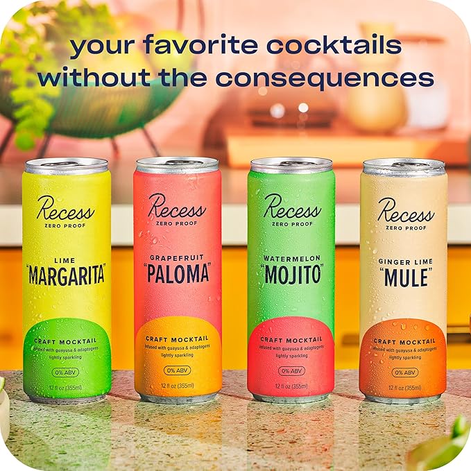 Recess Zero Proof Craft Mocktails, Alcohol Free Drinks, With Adaptogens, Non-Alcoholic Beverage Replacement, Mixer, Celebration, Party, (Lime "Margarita", 12oz, Pack of 12)