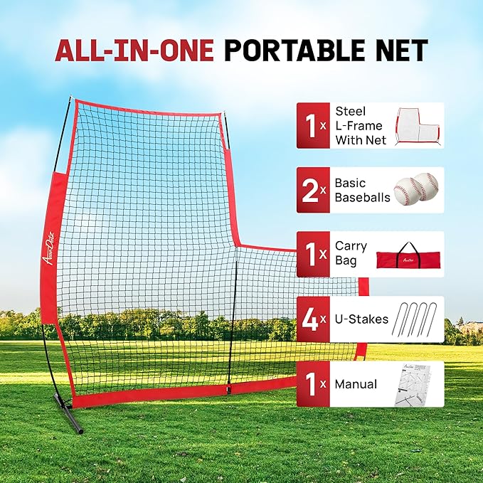 Yes4All Portable L-Screen Baseball 7x7ft with 2 Baseballs, Rubber Wheels - L Screen Baseball for Batting Cage, Protective Pitching Screen Net Double Layers, Carry Bag Included