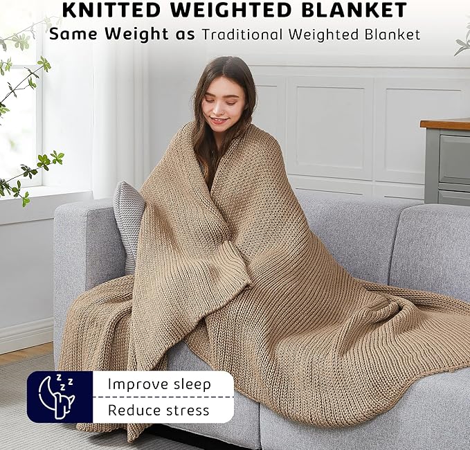 L'AGRATY Knitted Weighted Blanket - 48"x72" 15lbs Cooling Chunky Knit Heavy Blanket for Adults Braided Crochet Throw Thick Cable Yarn Knit Decorative No Beads Evenly Weighted Machine Washable