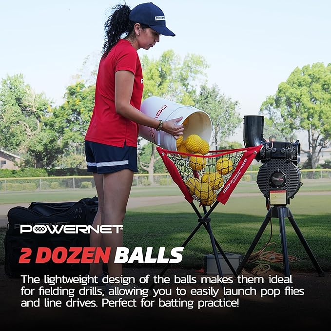 PowerNet Launch F-lite Softball & Baseball Pitching Machine, Dimpled Practice Balls, Bucket of Baseballs, Coaching Bucket Bundle for Pitching Machine, Baseball Training Equipment