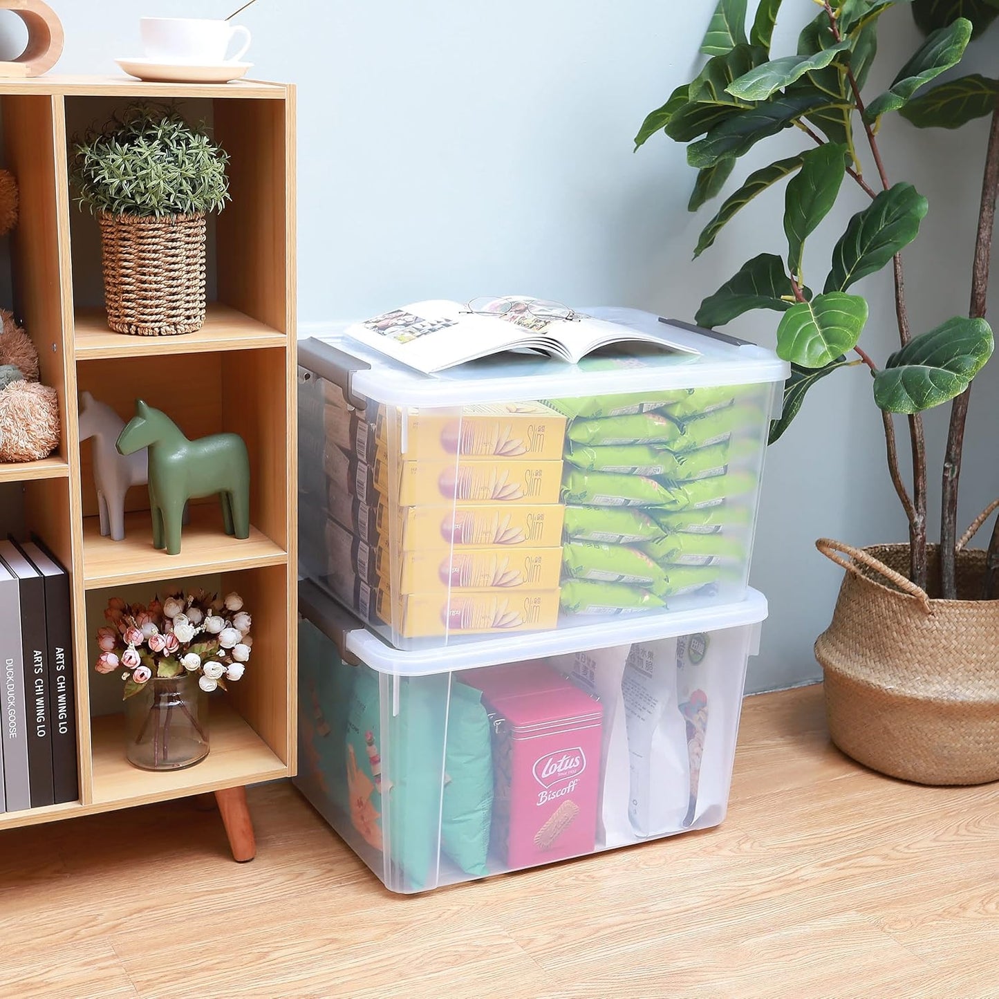 Citylife 58.1 QT Plastic Storage Bins with Latching Lids Stackable Storage Containers for Organizing Large Clear Storage Box for Garage, Closet, Kitchen, 8 Packs