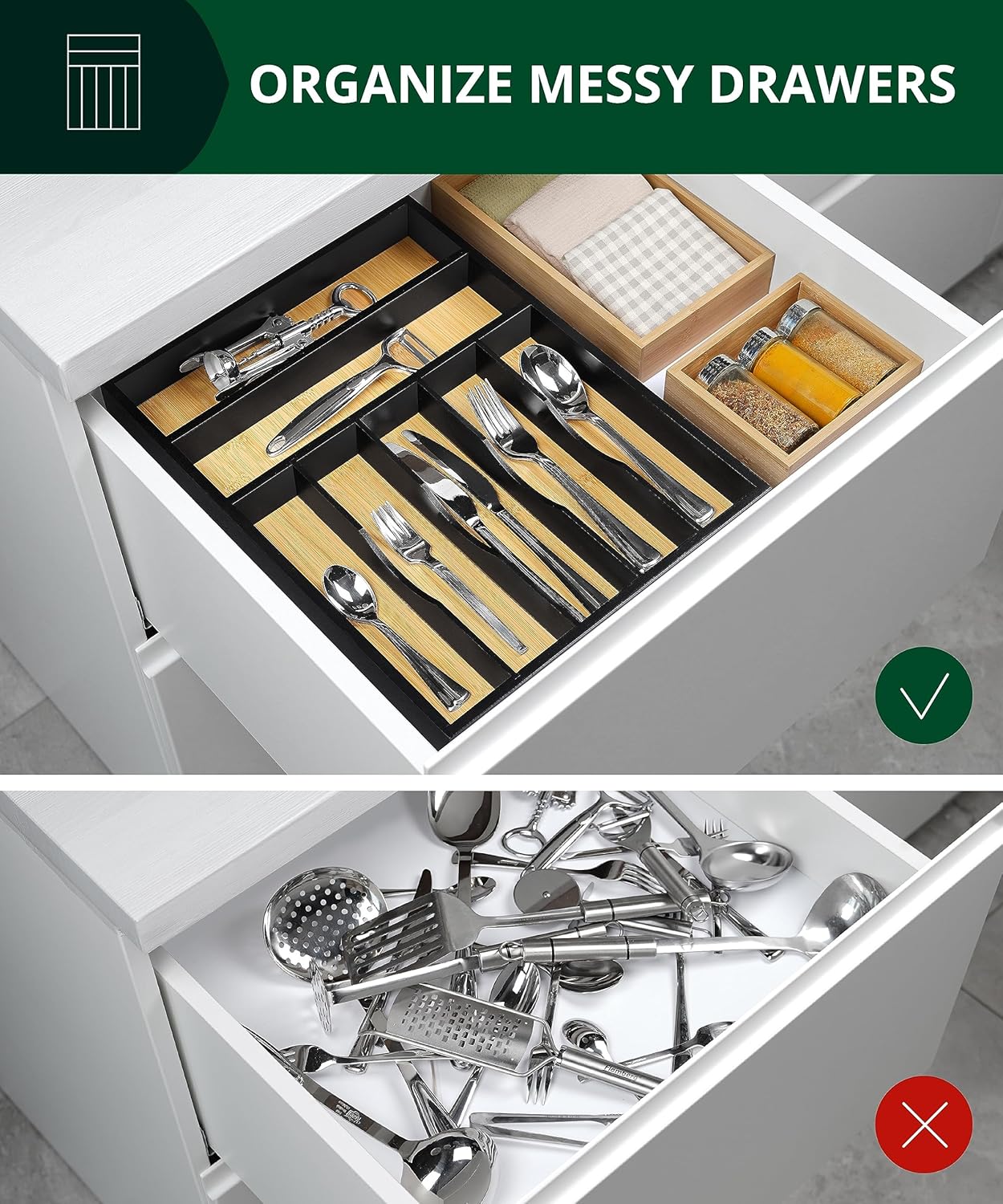 ROYAL CRAFT WOOD Luxury Bamboo Kitchen Drawer Organizer - Silverware Organizer - Utensil Holder and Cutlery Tray with Grooved Drawer Dividers for Flatware and Kitchen Utensils (7 Slot)