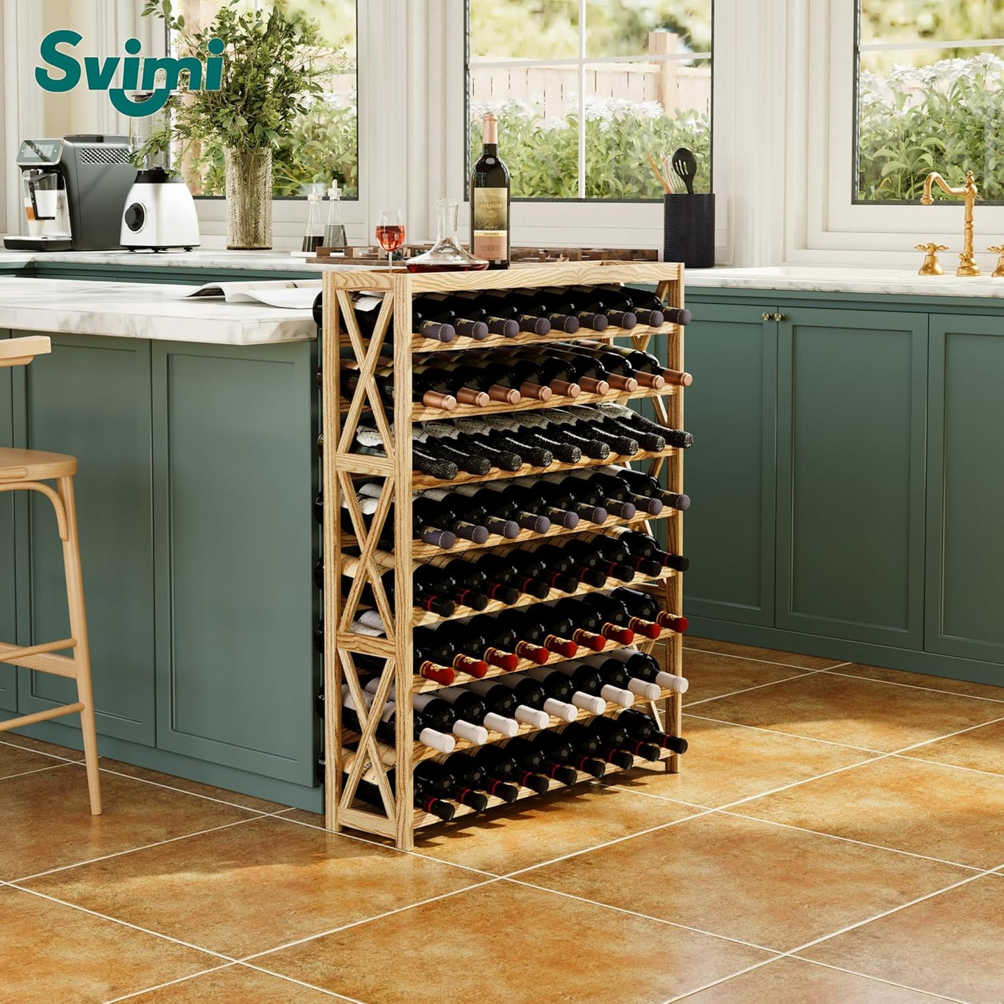 Solid Wood Wine Storage Racks with Tabletop, Free Standing Floor Wooden Wine Rack, Premium Wine Storage Rack Display and Organizing for Kitchen and Cellar 8 Tier 72 Bottles