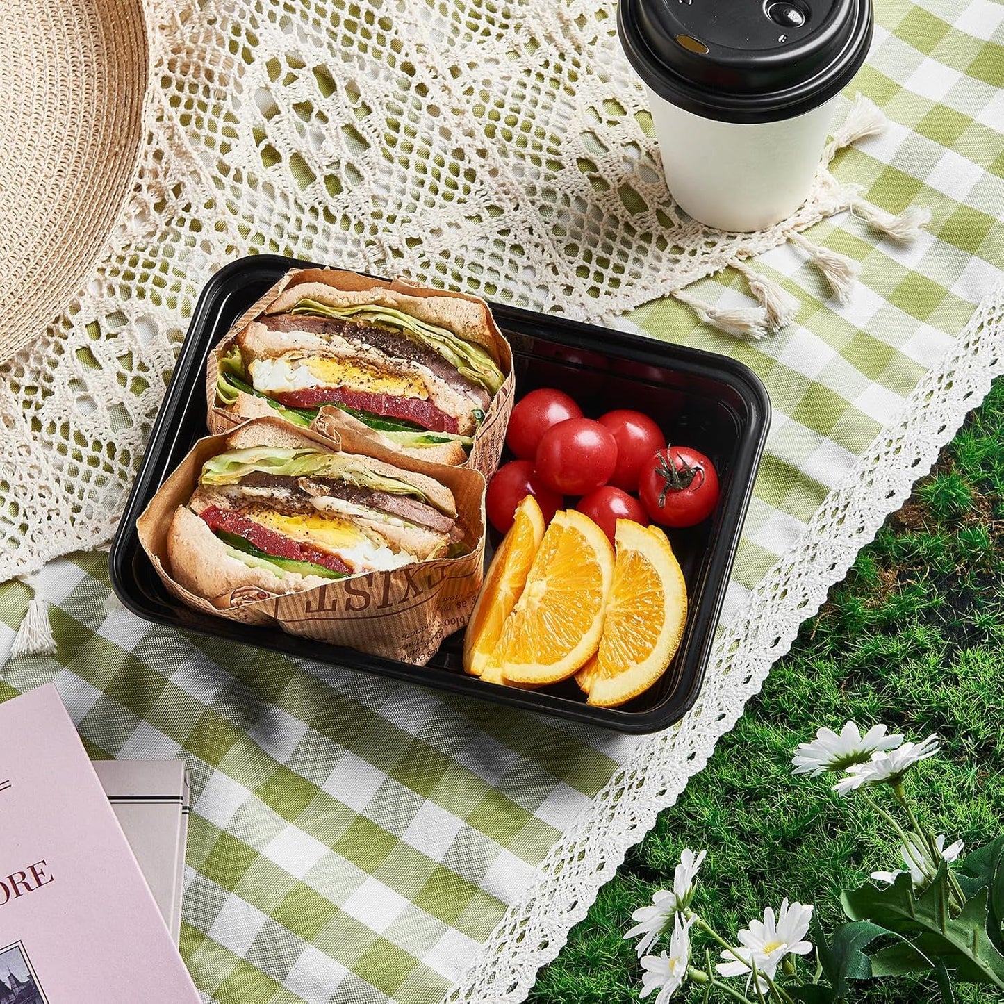 FULING 32 oz 150Pack Plastic Meal Prep Food Storage Containers with Lids Reusable 1 Compartment To Go Lunch Box Black Extra Large &Thick Microwave Freezer Dishwasher Safe BPA Free Stackable