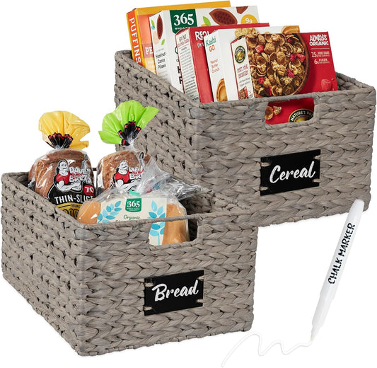 Best Choice Products Pantry Baskets Set of 2 16x12in Water Hyacinth Storage Baskets, Woven Wicker Kitchen Organizers with handles w/Chalkboard Label Chalk Marker - Gray