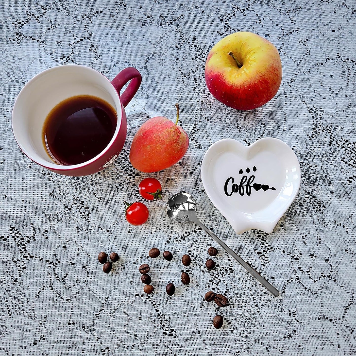 Heart-shaped Coffee Spoon Rest, Mini Coffee Spoon Holder, Small Ceramic Spoon Rest for Coffee Stirrers, Teaspoon, Bar Spoon, Coffee Bar Accessories, Coffee Station (White+Sliver spoon)