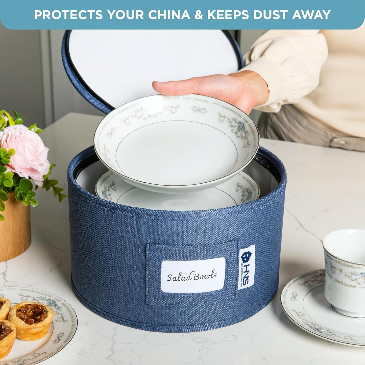 Hard Shell China Storage Containers 8-Piece Set Moving Boxes for Dinnerware, Glasses, Plates, Mugs and Saucers Sturdy Dish Organizer with Dividers for Seasonal Storage - Service for 12 - Denim Blue