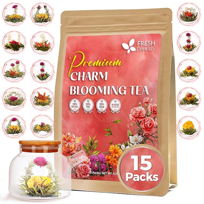 FreshDrinkUS, Premium 15 Flowering Tea Balls – Green Tea, Lily, Jasmine, Rose, Gomphrena & More – Beautiful Hand-Tied Blooming Teas for Relaxation & Wellness – Caffeine-Free. Ideal Gift for Tea Lovers
