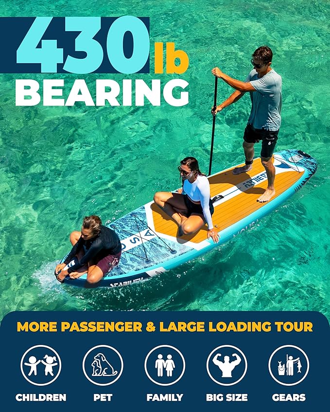 MOUSA 10‘8/11'×35" Extra Wide Inflatable Stand Up Paddle Board, Stable Paddleboard SUP for 2 People/Family, Anti-Slip Full EVA Deck, 3 Handles, 100L Backpack, All-Round Sup Board, Big Fin