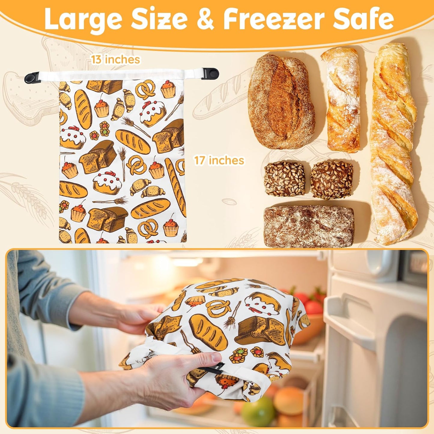 Reusable Beeswax Bread Bag for Homemade Bread & Sourdough Loaf, Fridge-Safe Storage Container with Dual-Zip Freshness Lock & Food Lables Note Dates on, Natural Cotton and Beeswax Lining Keep Fresh