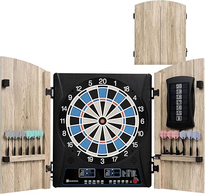 MD Sports Dartboard Cabinet Multiple Styles Electronic Dartboard With Digital X/O Cricket Scorekeeping and Dart Set, Perfect for Cricket Games