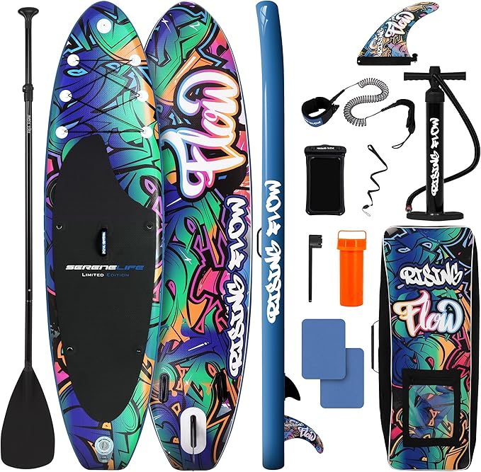 SereneLife Inflatable Stand Up Paddle Board with Premium SUP Accessories – Wide Stable Design with Non-Slip EVA Deck Pad for Adults and Youth of All Skill Levels, 350 lbs Capacity