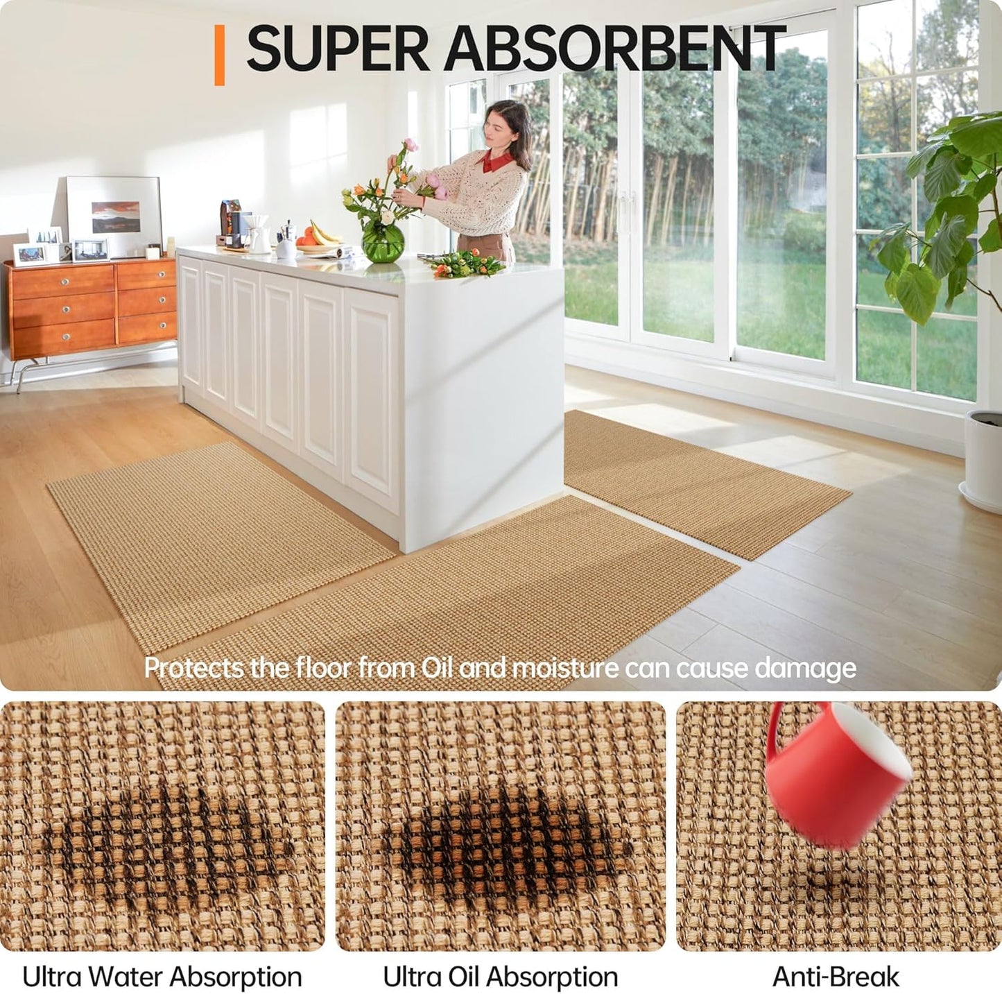 Kitchen Rugs and Mats Non Skid Washable [2PCS] (17.3" x 30"+ 17.3" x 48"), Absorbent Kitchen Floor Mats, Boho Cotton Kitchen Runner Rugs Comfort Standing Mat for Sink Hallway Laundry