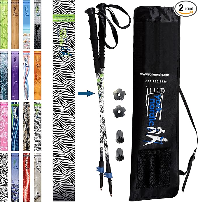 York Nordic Hiking & Walking Poles - Cushion Foam Grips w/Nordic Strap - Lightweight, Adjustable, and Great for Balance -2 Pieces w/Flip Locks, and Travel Bag - Heights 5'4"-6'2"